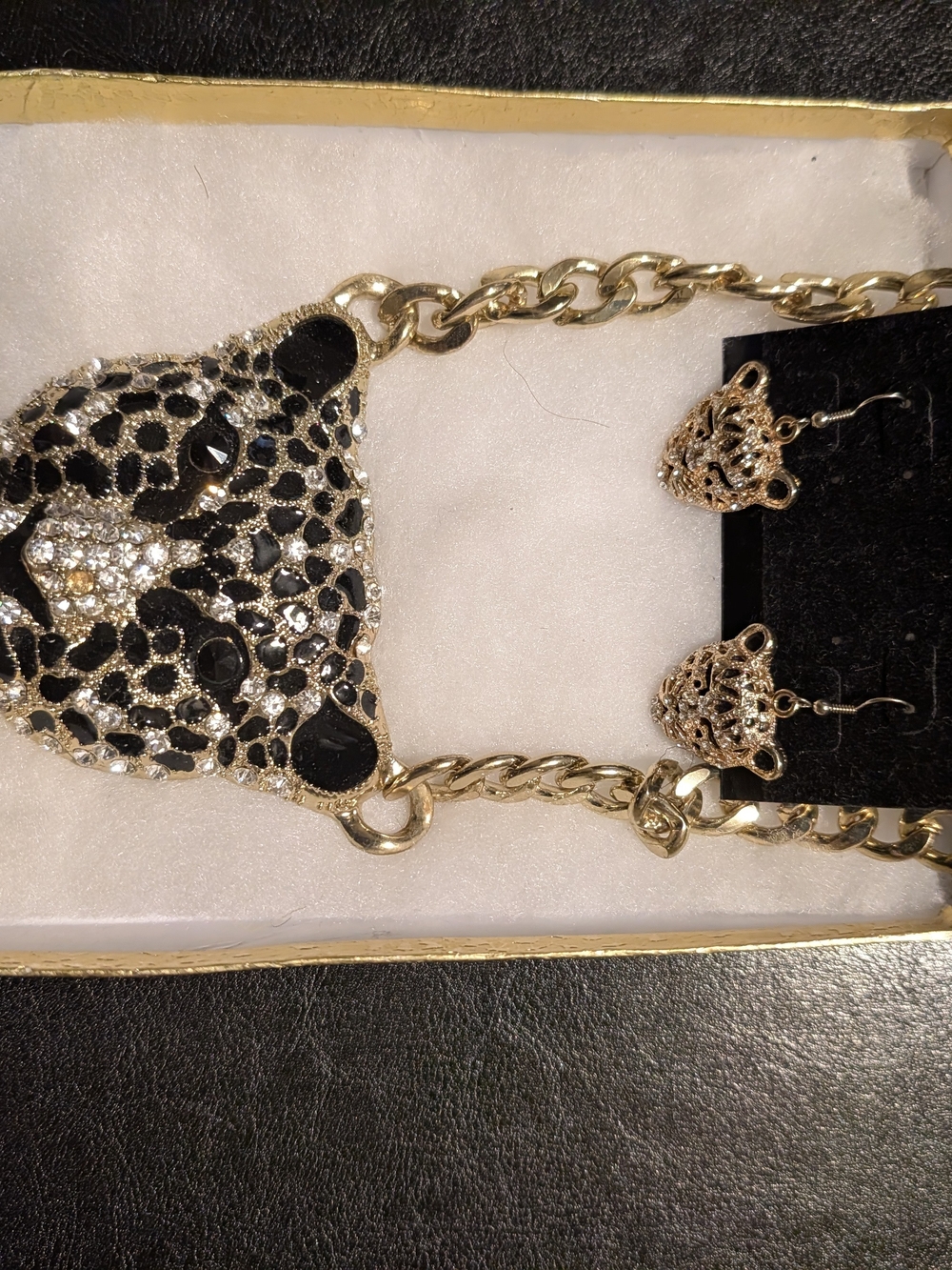 Gold-tone Leopard Head Necklace with Matching Earrings - Black & Gold